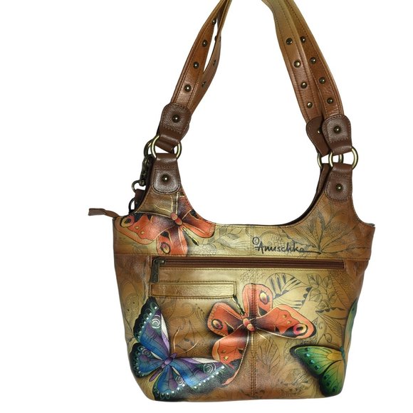 Anuschka NEVER USED Handpainted Leather Shoulder Bag Quilted Butterfly - Picture 4 of 13